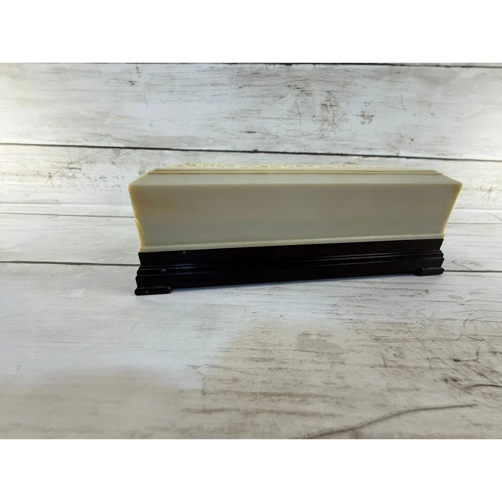 Vintage Luxor Trinket Box Cream Ornate Scroll Lid Brown‎ Base Mid Century Vanity
